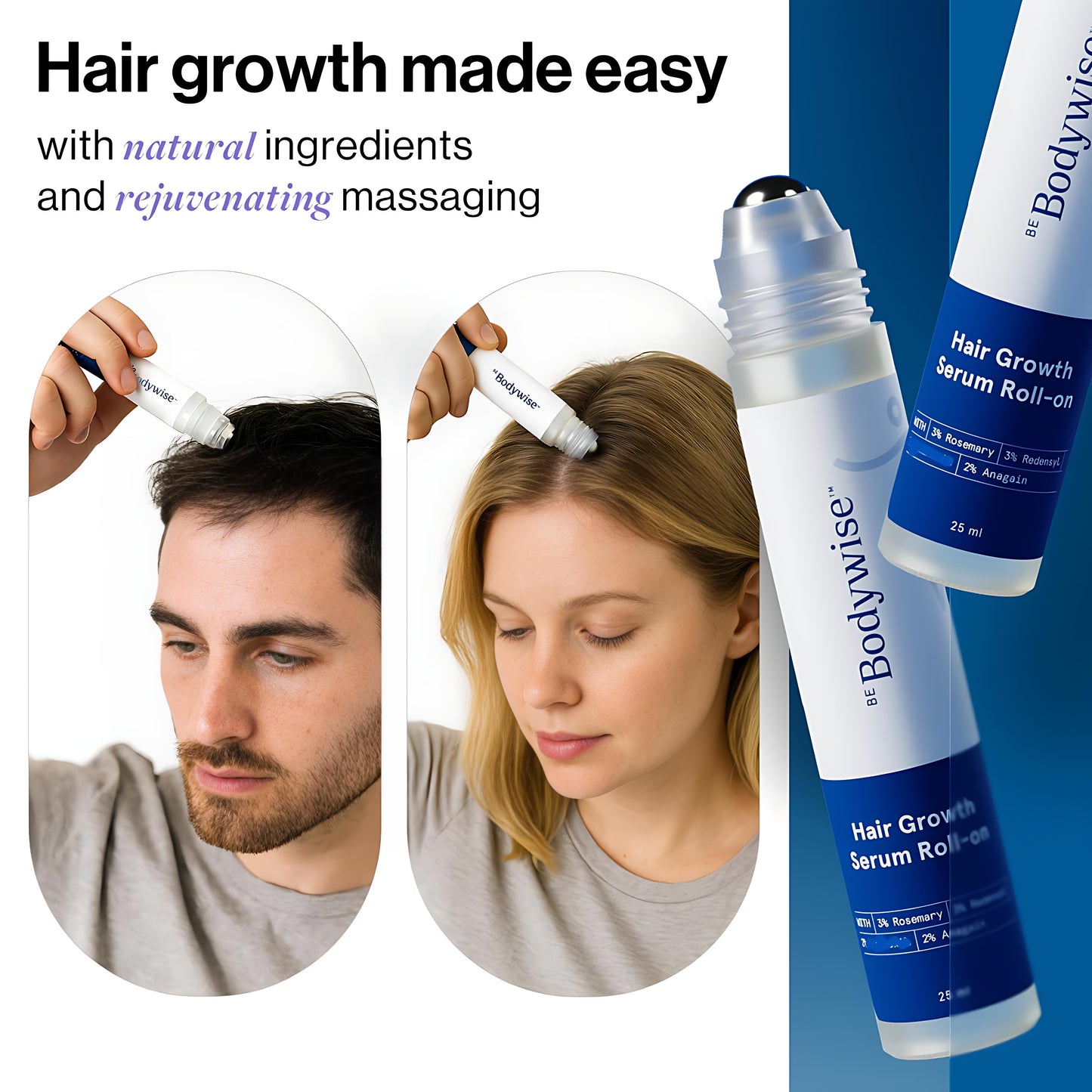Rosemary Hair Growth Serum Roll On 25 ml – 3% Rosemary, 3% Redensyl & 2% Anagain | DHT-Blocking Scalp Serum Boosts Oxygen Flow, Reduces Hair Fall | Paraben/Sulfate-Free | Women & Men